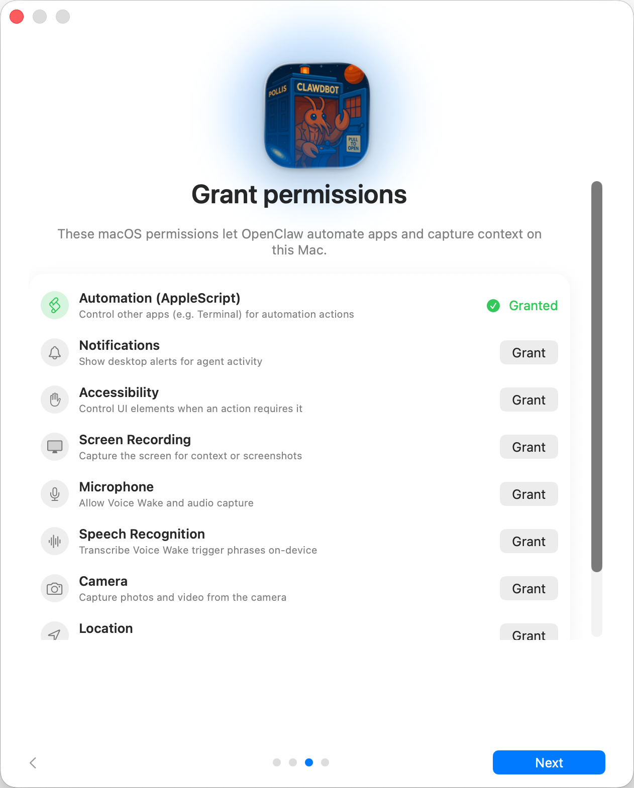Choose what permissions do you want to give OpenSoul