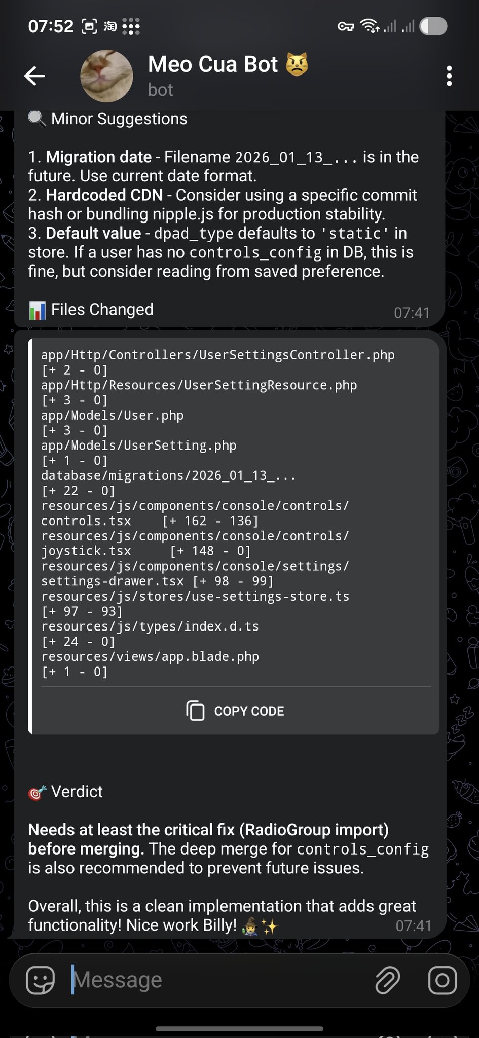 OpenSoul PR review feedback delivered in Telegram